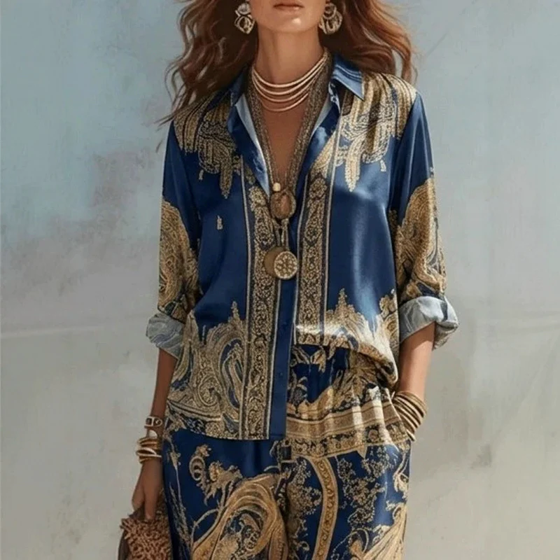 Independent Station New Printed Long-sleeved Shirt Wide-leg Pants Set Women's Fashion… — image 2