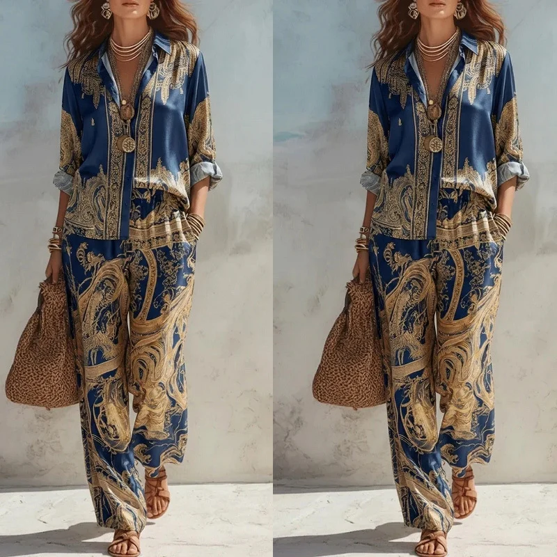 Independent Station New Printed Long-sleeved Shirt Wide-leg Pants Set Women's Fashion… — image 4