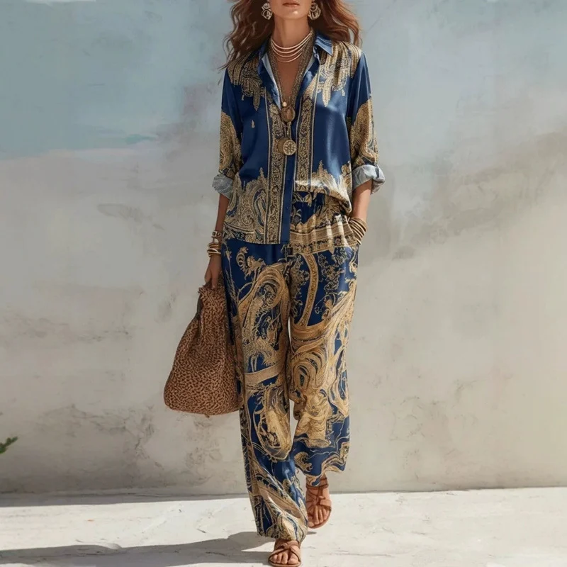 Independent Station New Printed Long-sleeved Shirt Wide-leg Pants Set Women's Fashion… — image 1