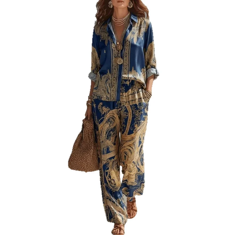 Independent Station New Printed Long-sleeved Shirt Wide-leg Pants Set Women's Fashion… — image 5