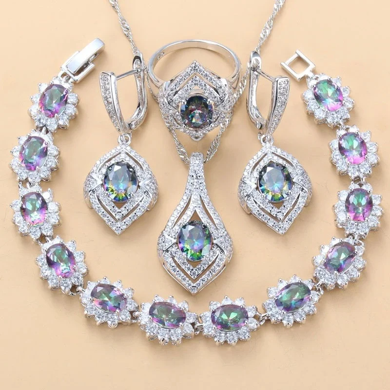 Inlaid Gemstone Pendant Earrings Necklace And Ring For Women 4 Pcs Set — image 2