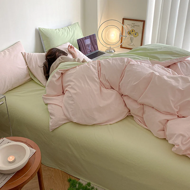 Ins Mint Green And Pink Two-tone All-cotton Four-piece Bedding Set — image 1