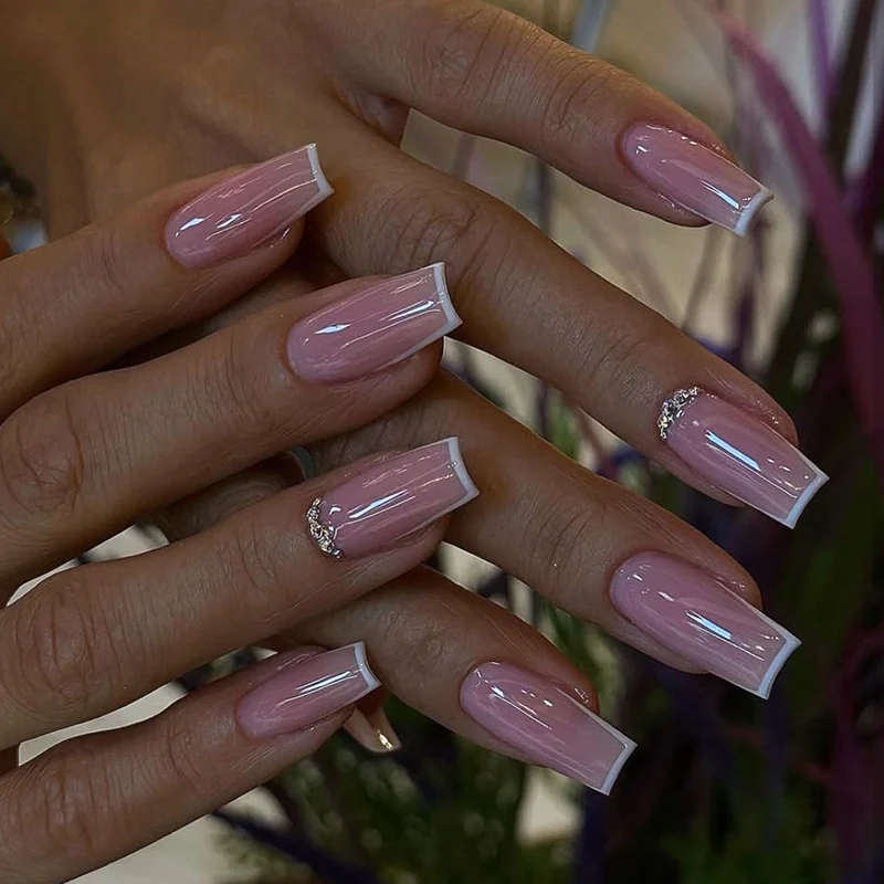 Instagram Style Wearable Nails French Manicure With Rhinestone — image 3