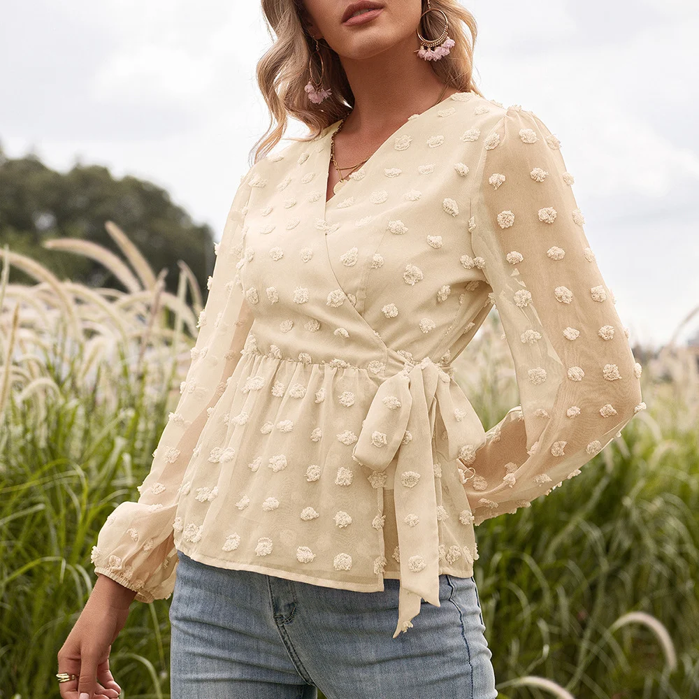 Jacquard Lace V-neck Long-sleeved Blouse Women — image 5