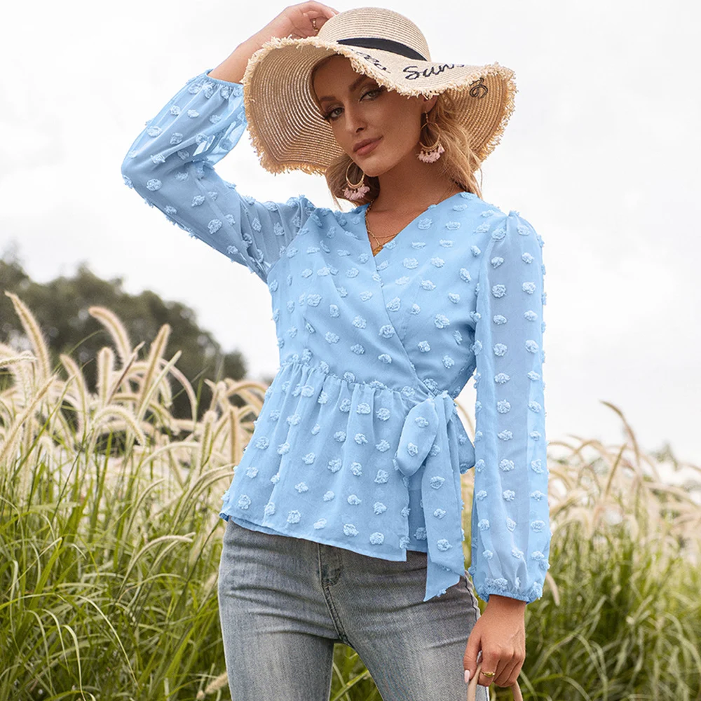 Jacquard Lace V-neck Long-sleeved Blouse Women — image 3