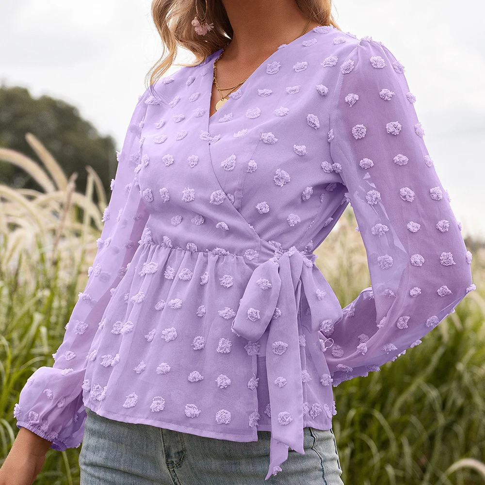 Jacquard Lace V-neck Long-sleeved Blouse Women — image 2
