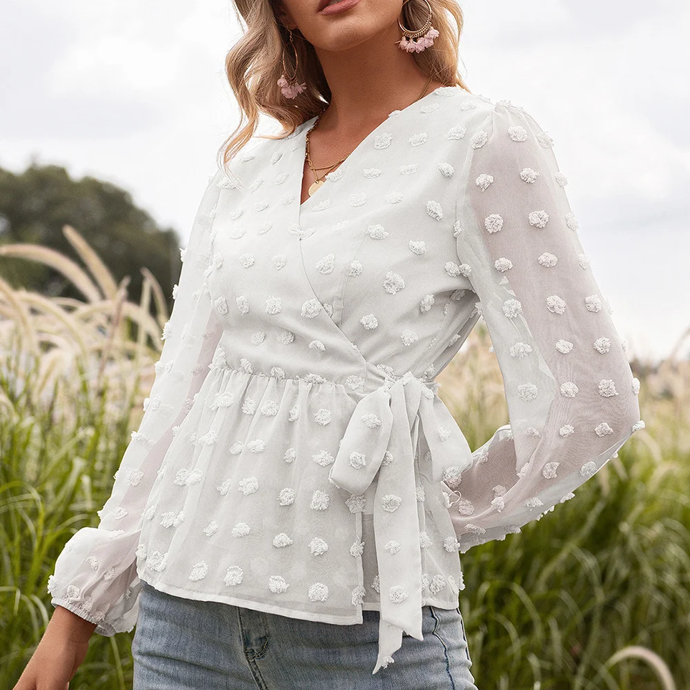 Jacquard Lace V-neck Long-sleeved Blouse Women — image 4
