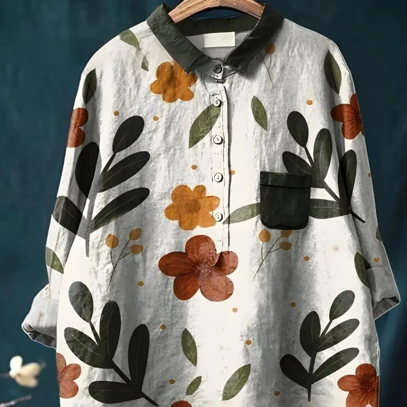 Japanese-style Artistic Color-block Lapel-printed Shirt — image 4