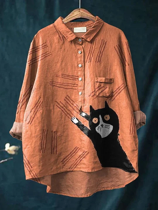 Japanese-style Artistic Color-block Lapel-printed Shirt — image 5