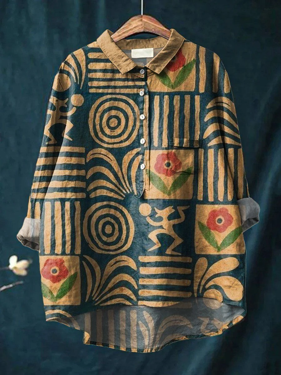 Japanese-style Artistic Color-block Lapel-printed Shirt — image 8