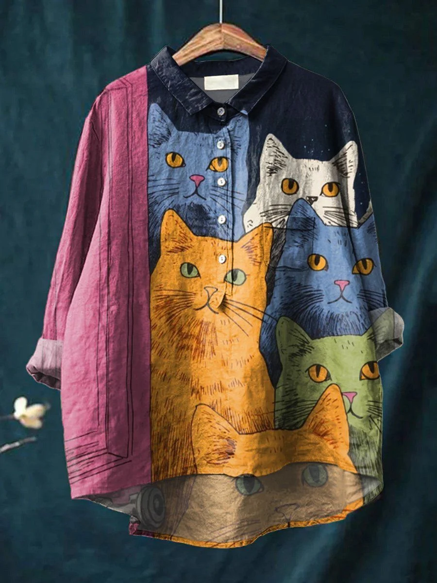 Japanese-style Artistic Color-block Lapel-printed Shirt — image 3