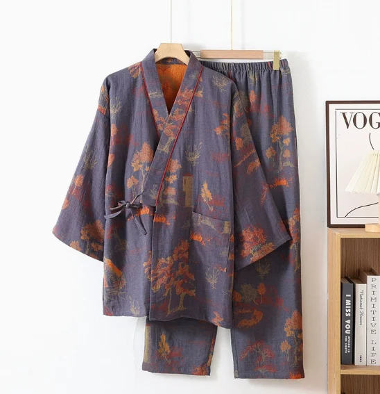 Japanese-style Pure Cotton Jacquard Kimono-style Pajama Robe For Couples — image 4