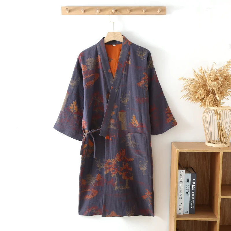 Japanese-style Pure Cotton Jacquard Kimono-style Pajama Robe For Couples — image 3