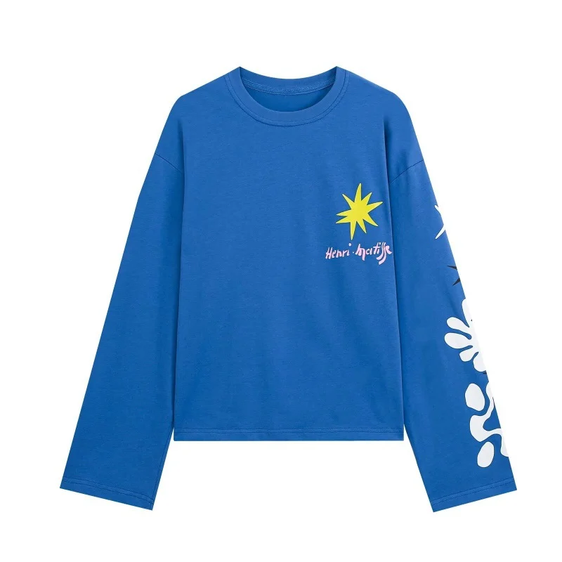 Klein Blue Star-print Casual Washed Long-sleeve T-shirt Top — image 1