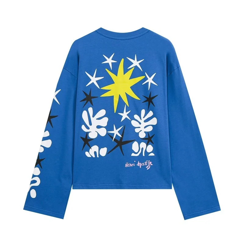 Klein Blue Star-print Casual Washed Long-sleeve T-shirt Top — image 2