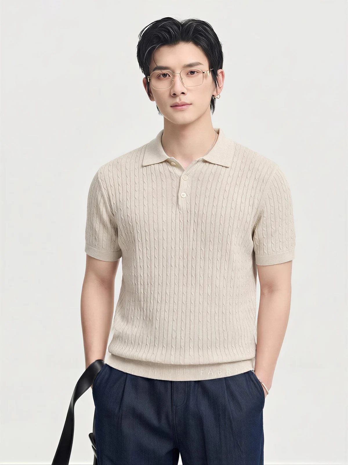 Knitted Cable-pattern Mens Short-sleeve T-shirt — image 2