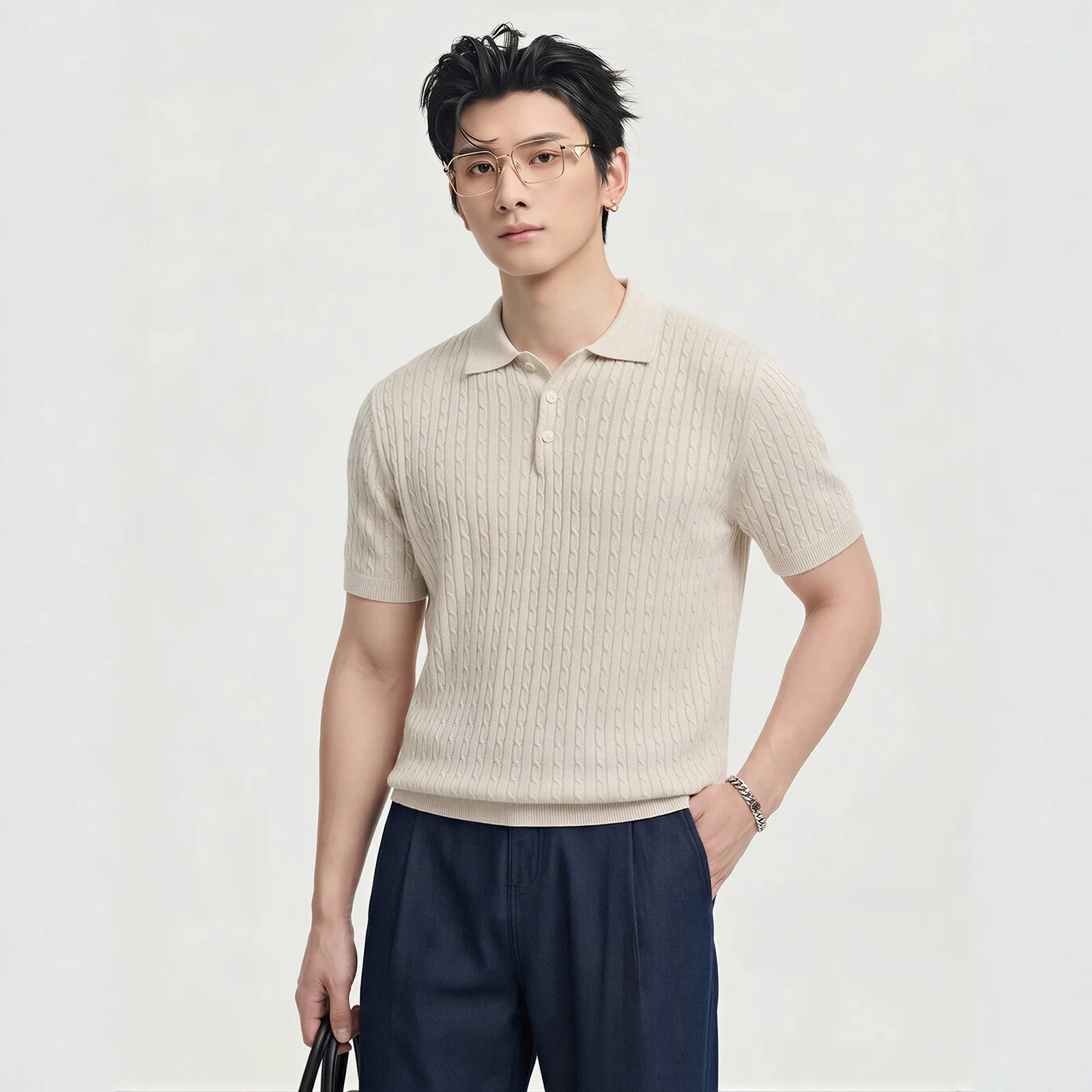 Knitted Cable-pattern Mens Short-sleeve T-shirt — image 4
