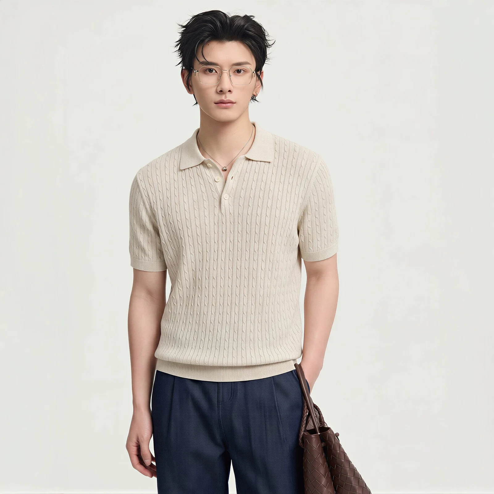 Knitted Cable-pattern Mens Short-sleeve T-shirt — image 3