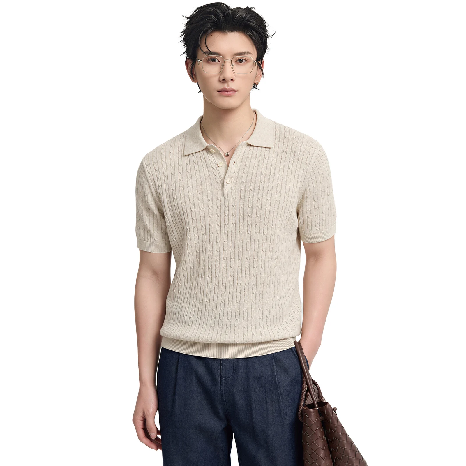 Knitted Cable-pattern Mens Short-sleeve T-shirt — image 5