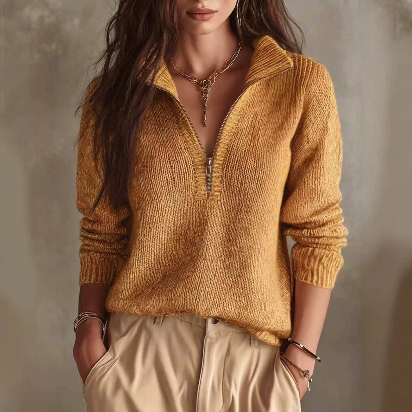 Knitted Half Zip Casual Solid Color Autumn Winter Sweater, Versatile Style — image 3
