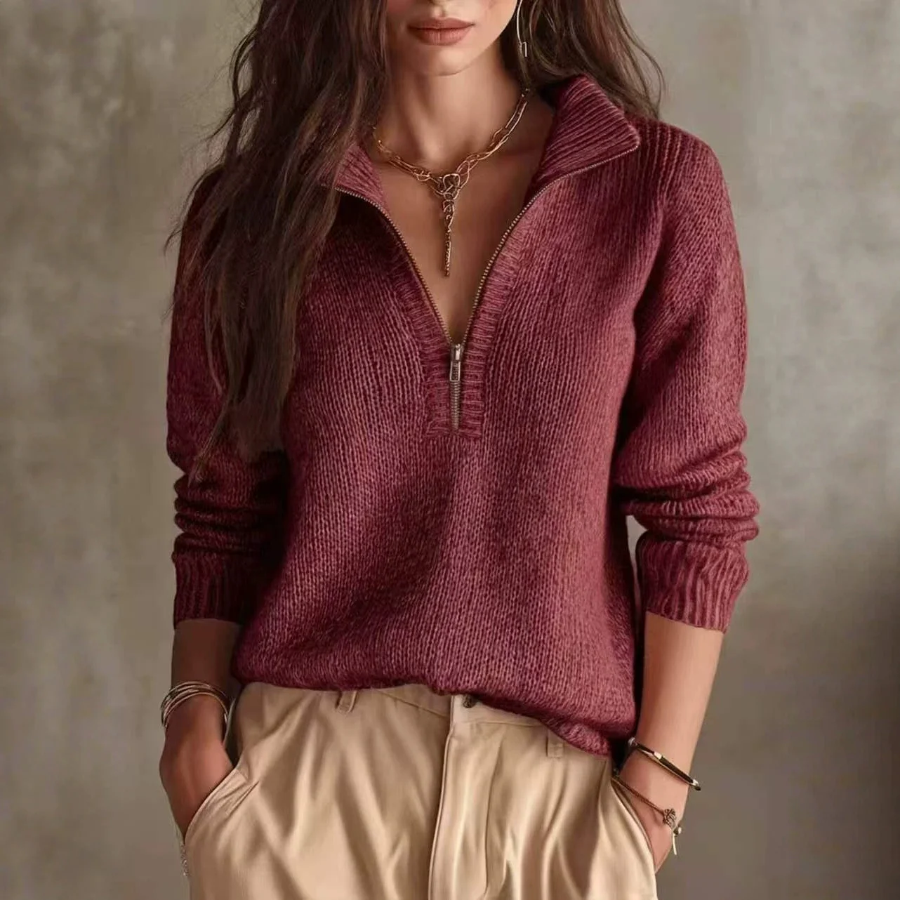 Knitted Half Zip Casual Solid Color Autumn Winter Sweater, Versatile Style — image 8
