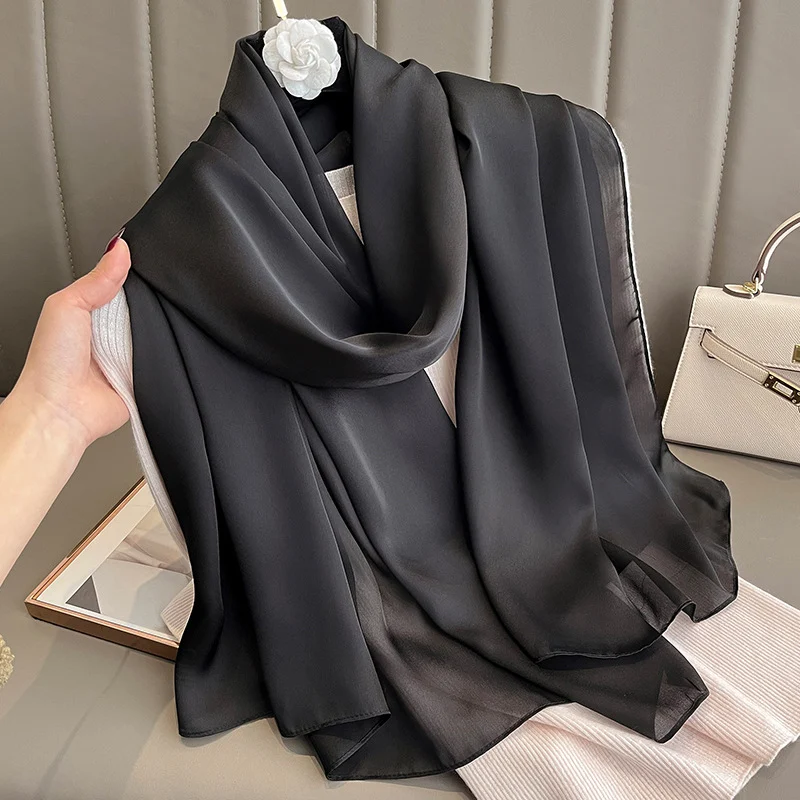 Korean-style Springautumn New Solid-color Summer Sun-protection Beach Scarf Womens Silk — image 7