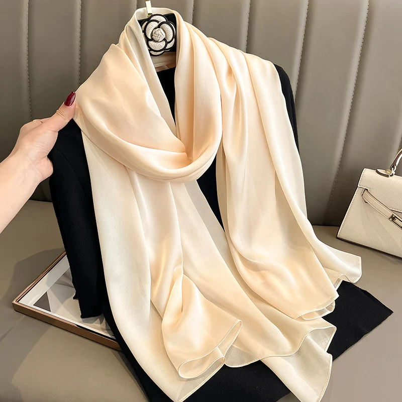 Korean-style Springautumn New Solid-color Summer Sun-protection Beach Scarf Womens Silk — image 14