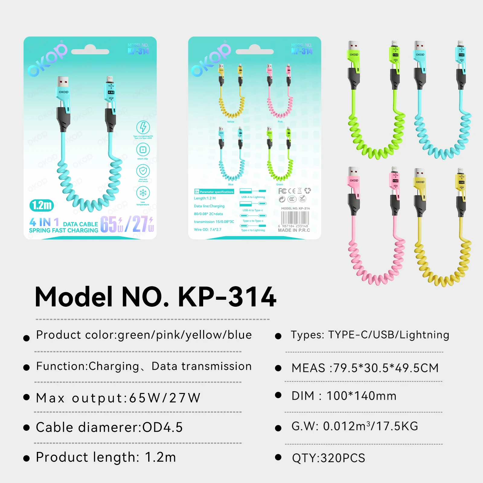 KP-314 3-in-1 4-in-1 65W Retractable Charging Cable Fast For Appl Huawe Product — image 5