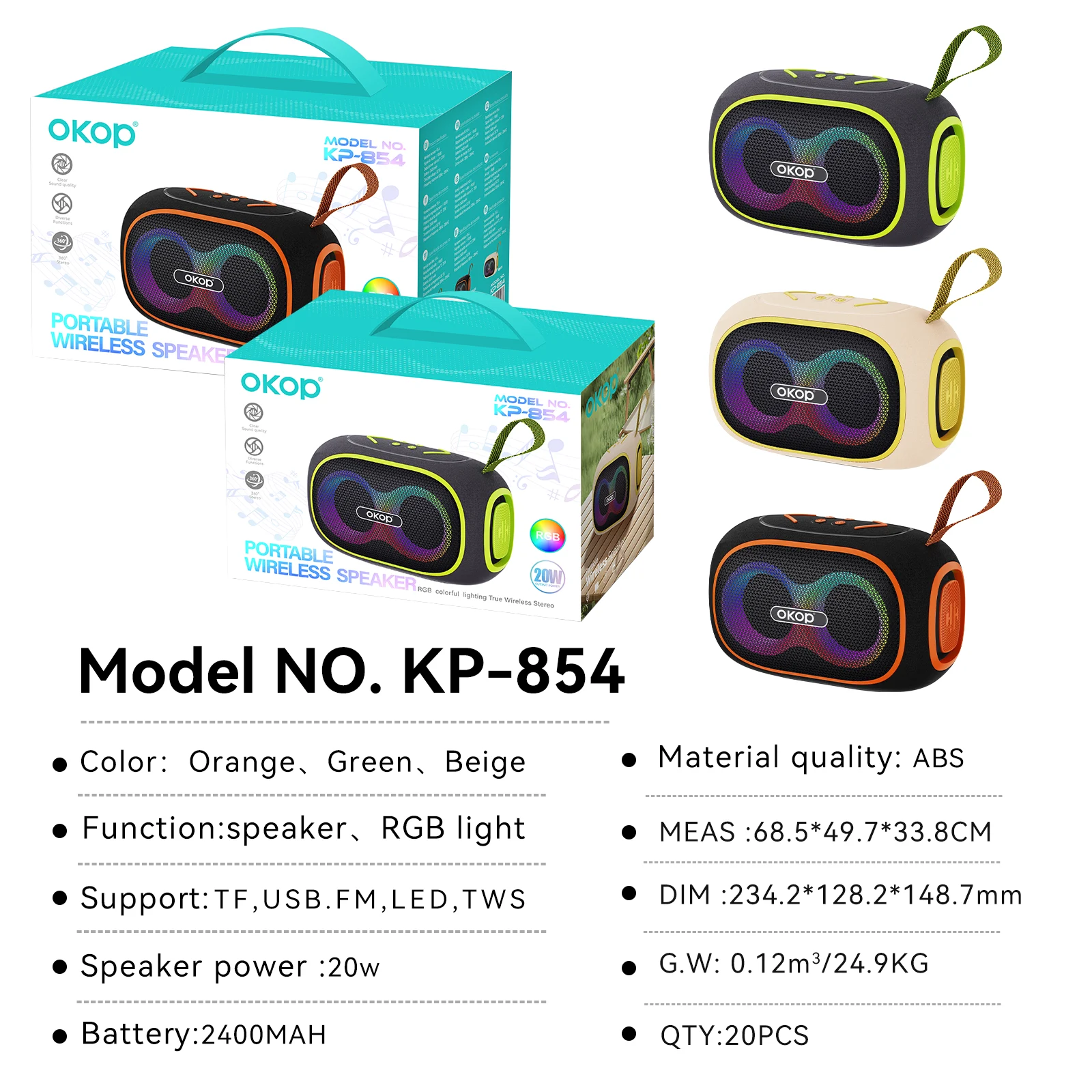 KP-854 Best-selling Wireless Bluetooth Speaker Portable Handle RGB Lighting New Model… — image 2