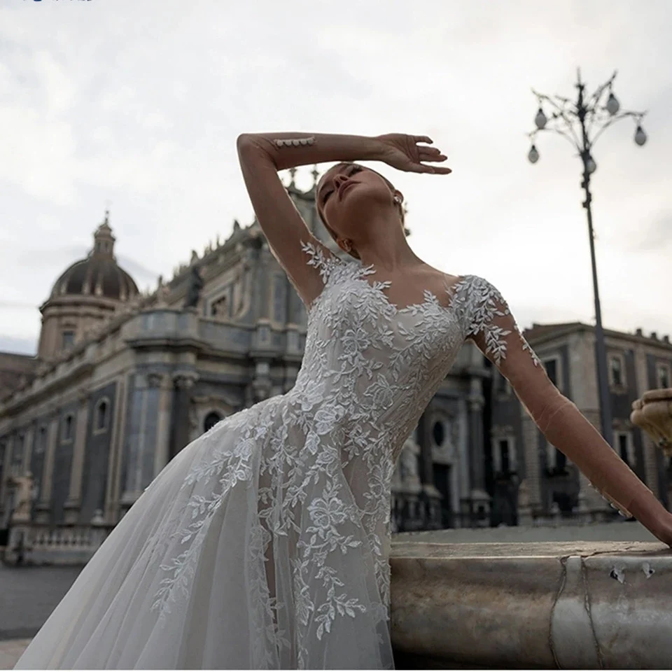 Lace Sheer Tulle A Line Wedding Gown With Short Train, Exuding Elegance For The Bride — image 3
