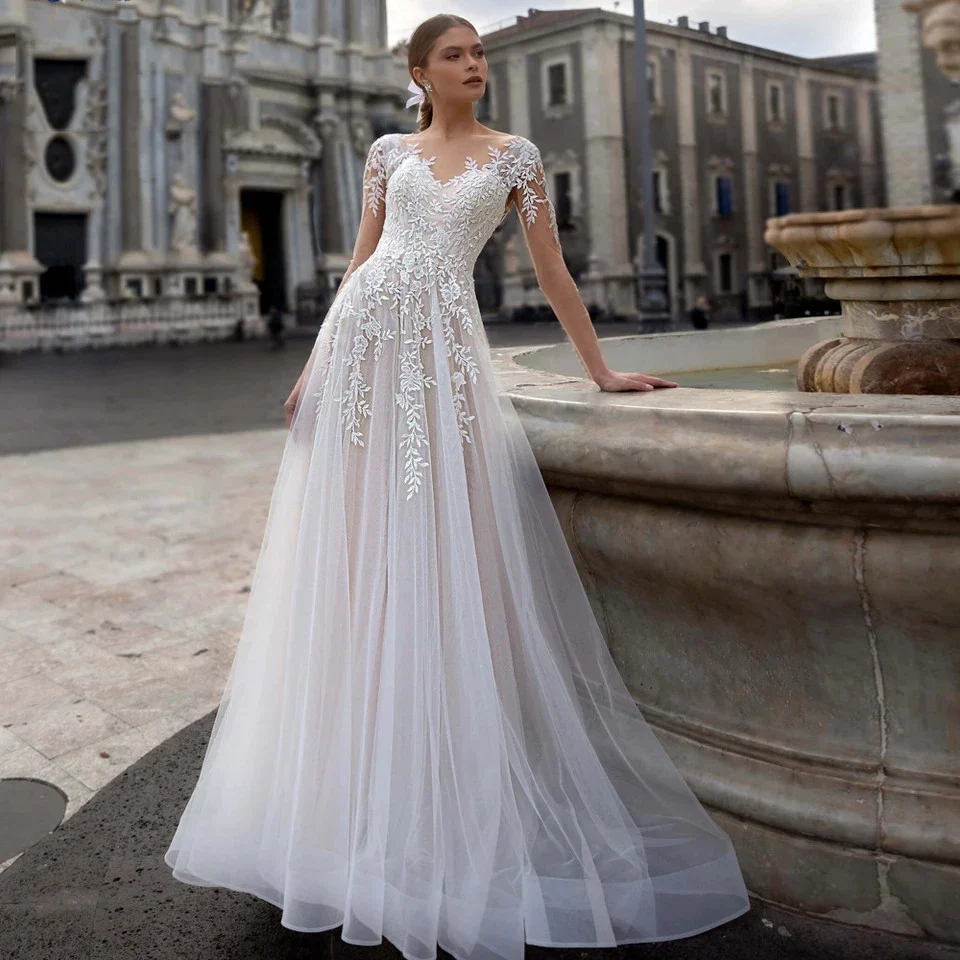 Lace Sheer Tulle A Line Wedding Gown With Short Train, Exuding Elegance For The Bride — image 5