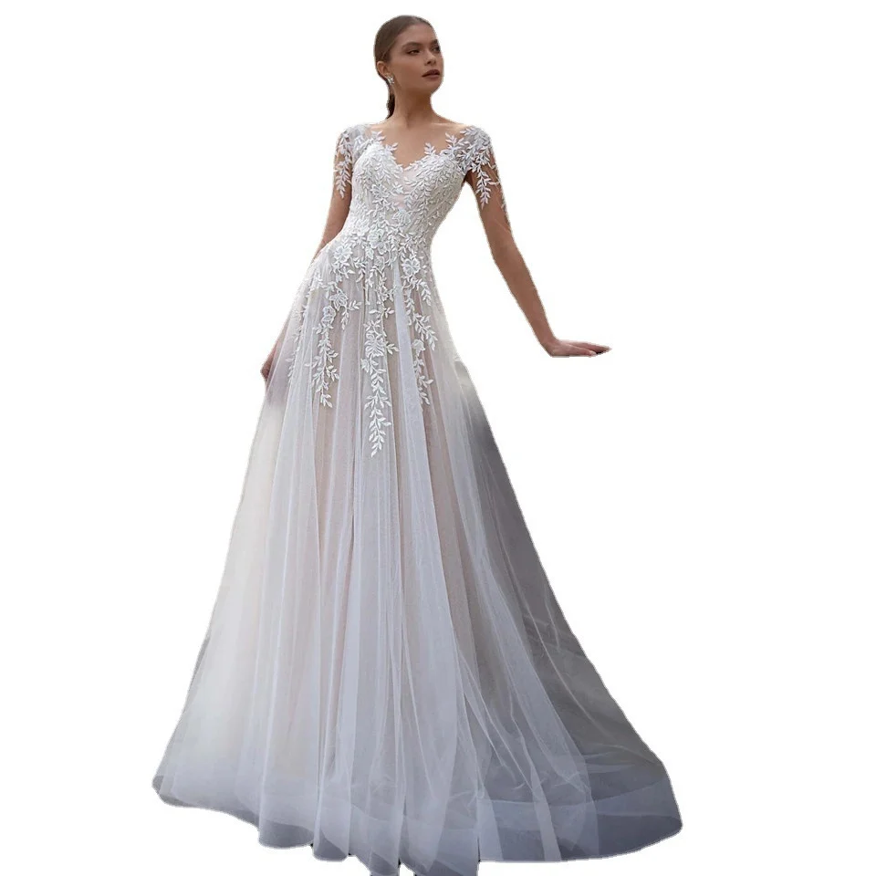 Lace Sheer Tulle A Line Wedding Gown With Short Train, Exuding Elegance For The Bride — image 4