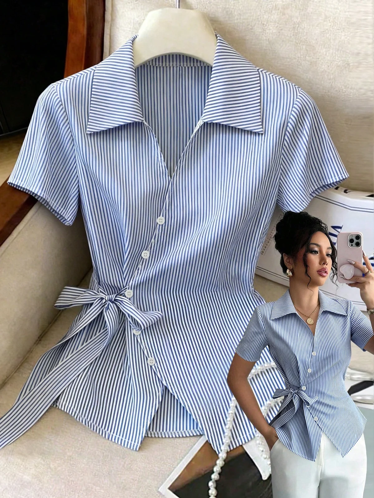 Lace-up V-neck Striped Short-sleeve Top — image 2