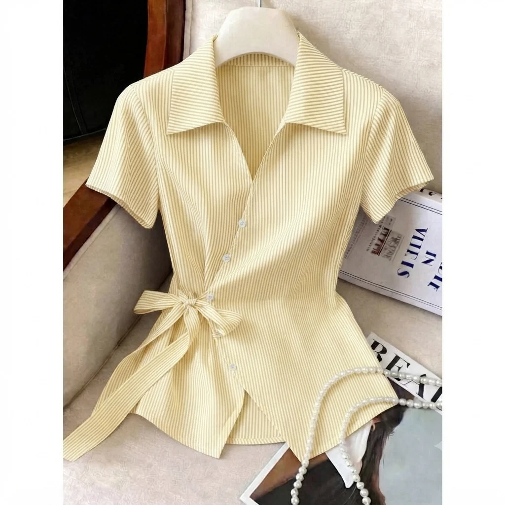 Lace-up V-neck Striped Short-sleeve Top — image 5