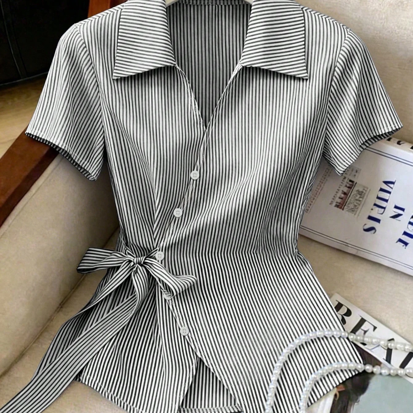 Lace-up V-neck Striped Short-sleeve Top — image 1