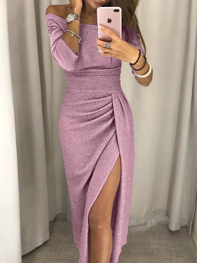 Lady Hip Slit One-line Collar Dress Shiny Dinner — image 9