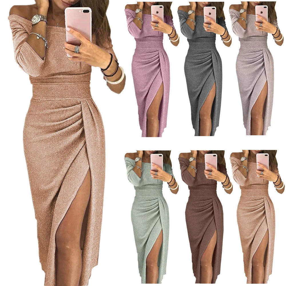 Lady Hip Slit One-line Collar Dress Shiny Dinner — image 6
