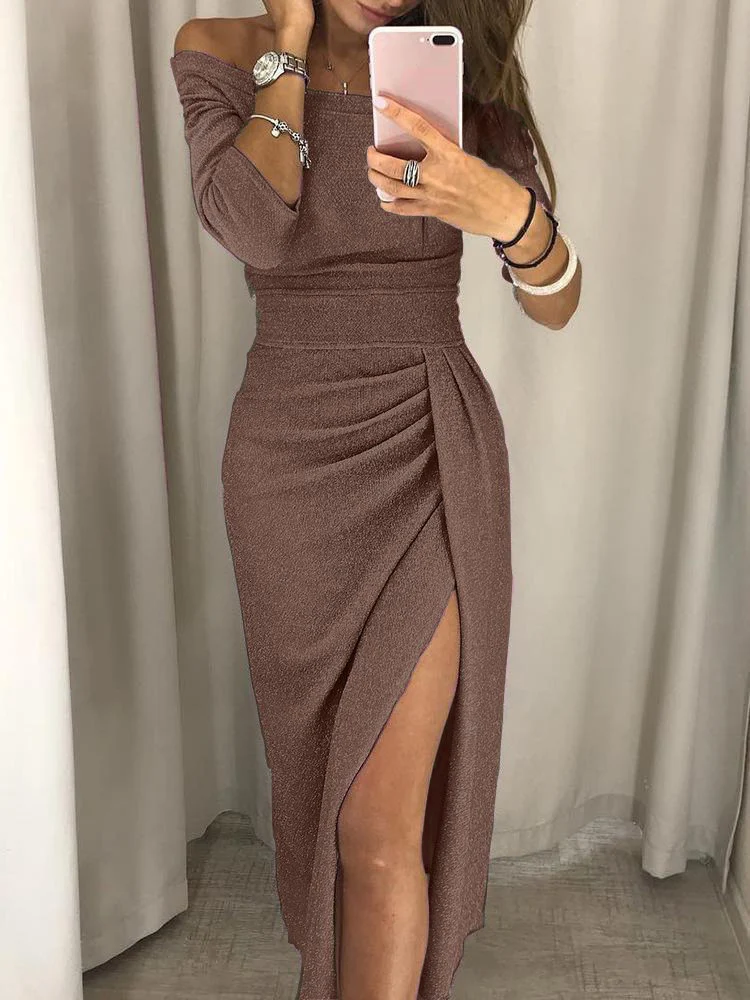 Lady Hip Slit One-line Collar Dress Shiny Dinner — image 11