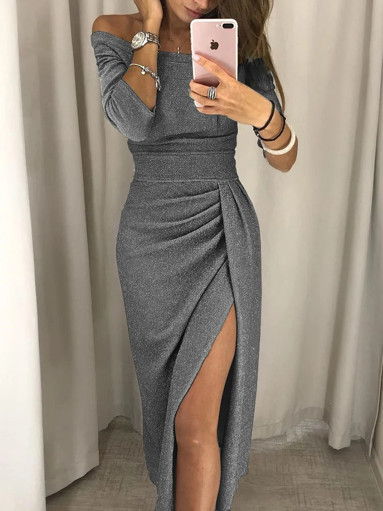 Lady Hip Slit One-line Collar Dress Shiny Dinner — image 8