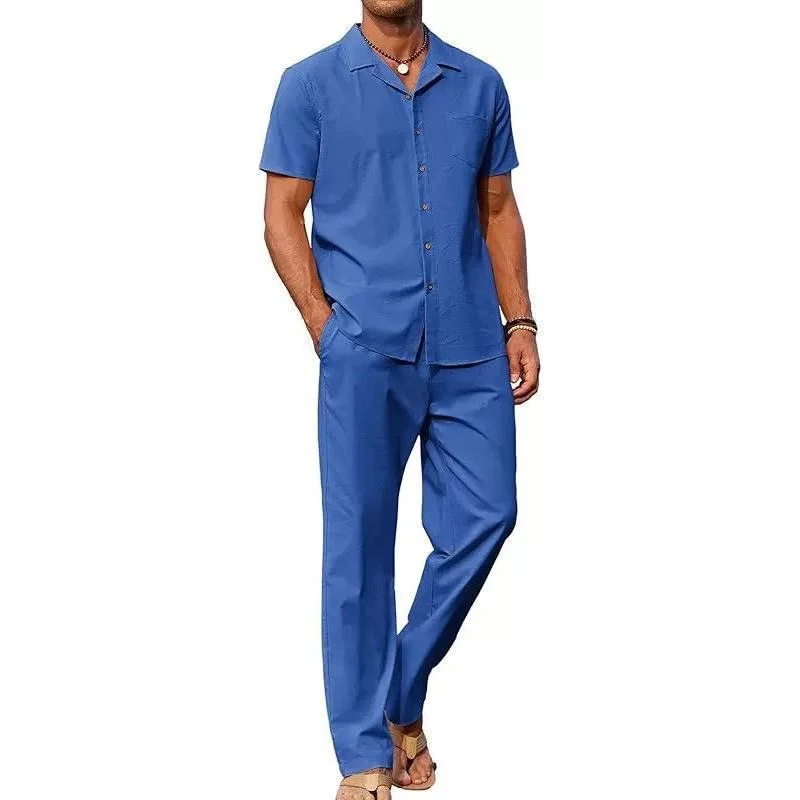Lapel Short-sleeve Shirt And Casual Trousers Two-piece Set — image 3