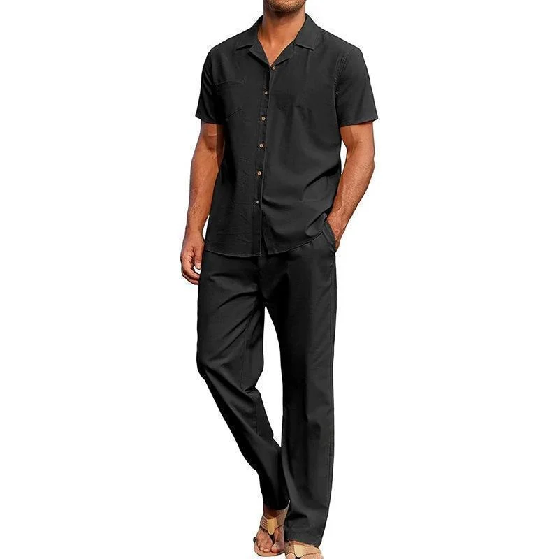 Lapel Short-sleeve Shirt And Casual Trousers Two-piece Set — image 2