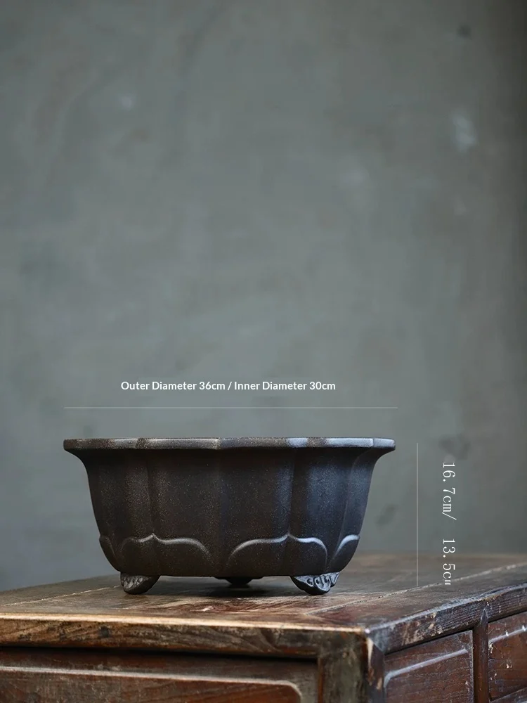 Large Antique-bronze Clay Floor-standing Zisha Flower Pot — image 1