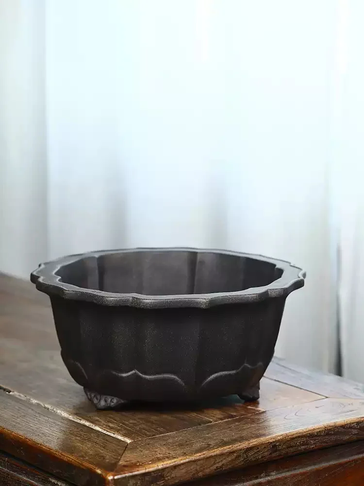 Large Antique-bronze Clay Floor-standing Zisha Flower Pot — image 3