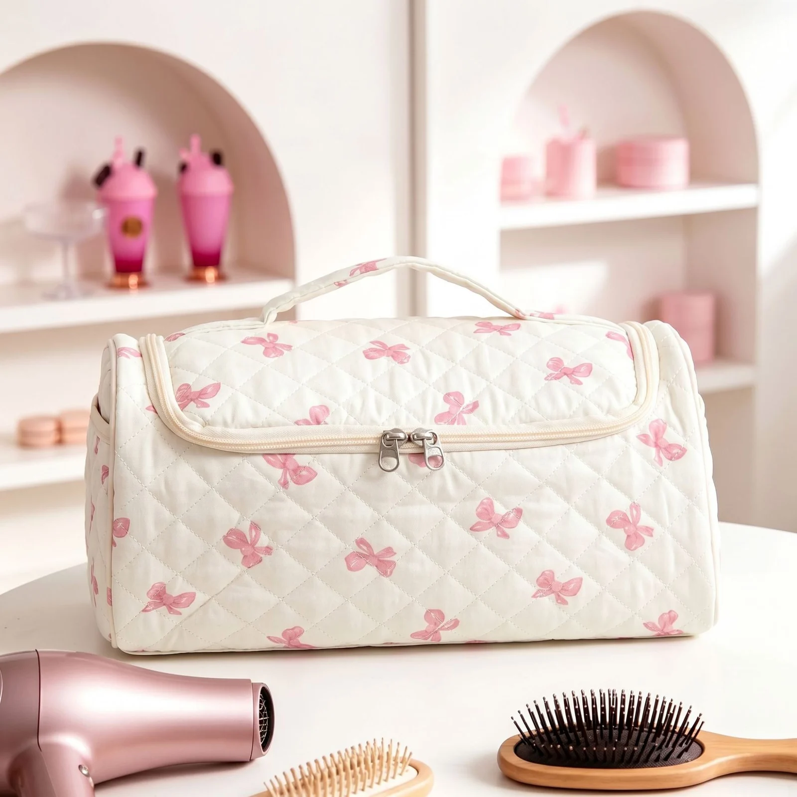 Large Capacity Hanging Travel Makeup Bag, Quilted Cotton Cosmetic Organizer With… — image 4