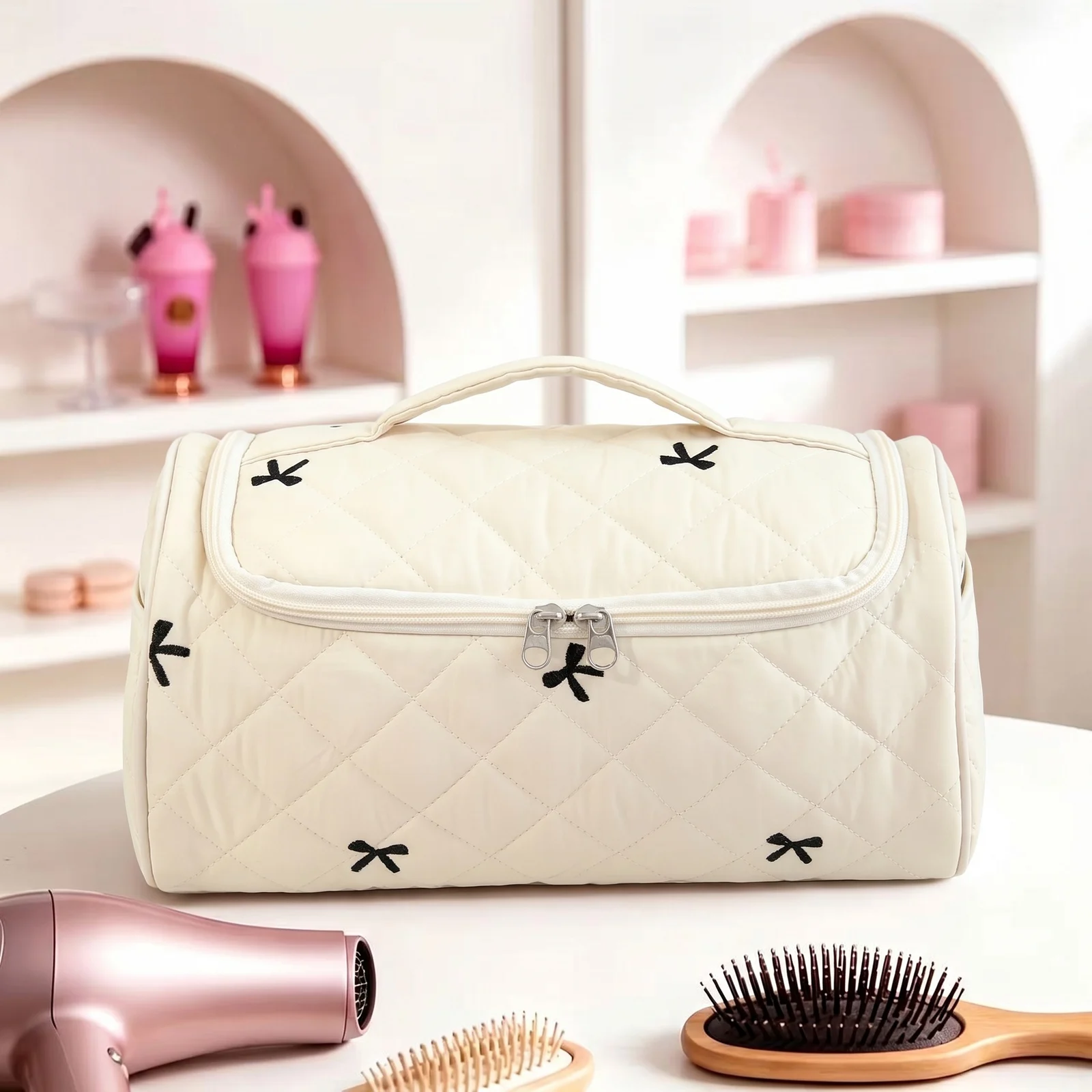 Large Capacity Hanging Travel Makeup Bag, Quilted Cotton Cosmetic Organizer With… — image 3