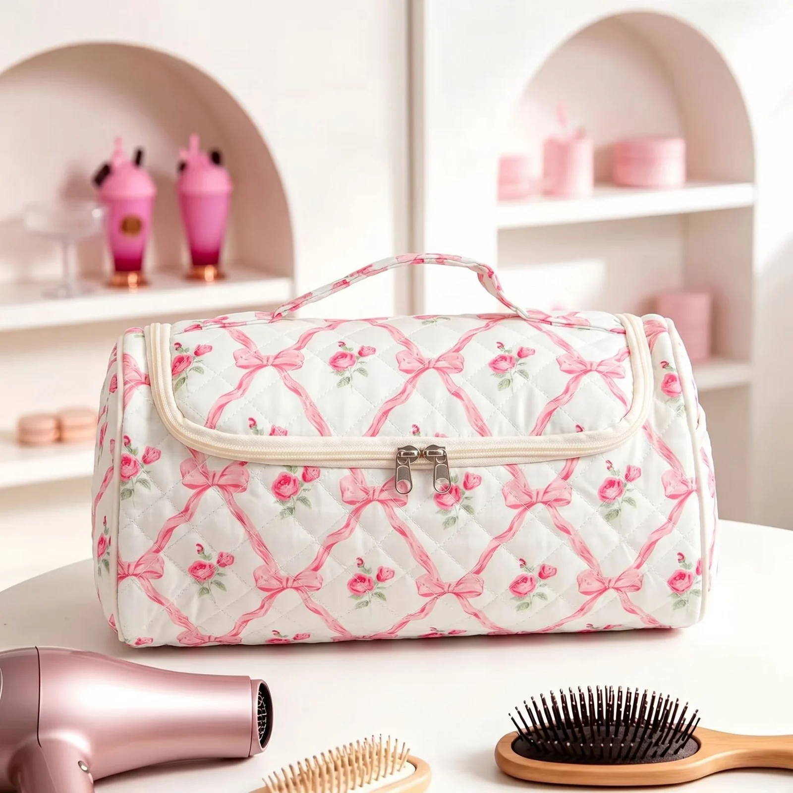Large Capacity Hanging Travel Makeup Bag, Quilted Cotton Cosmetic Organizer With… — image 2