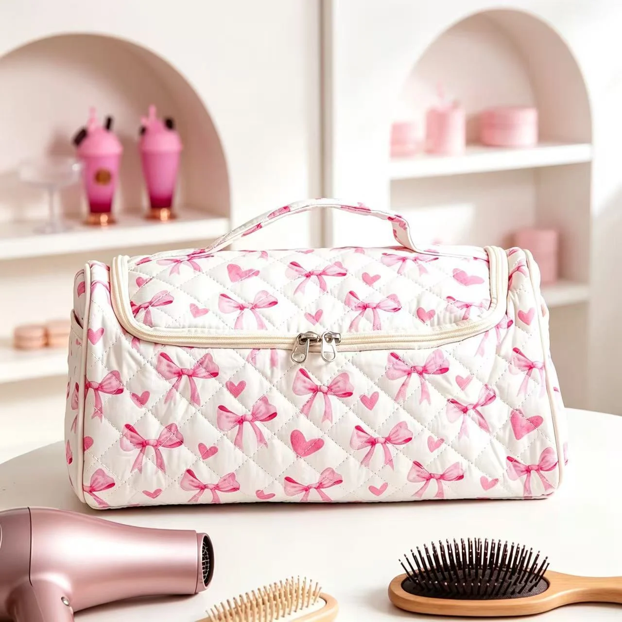 Large Capacity Hanging Travel Makeup Bag, Quilted Cotton Cosmetic Organizer With… — image 7
