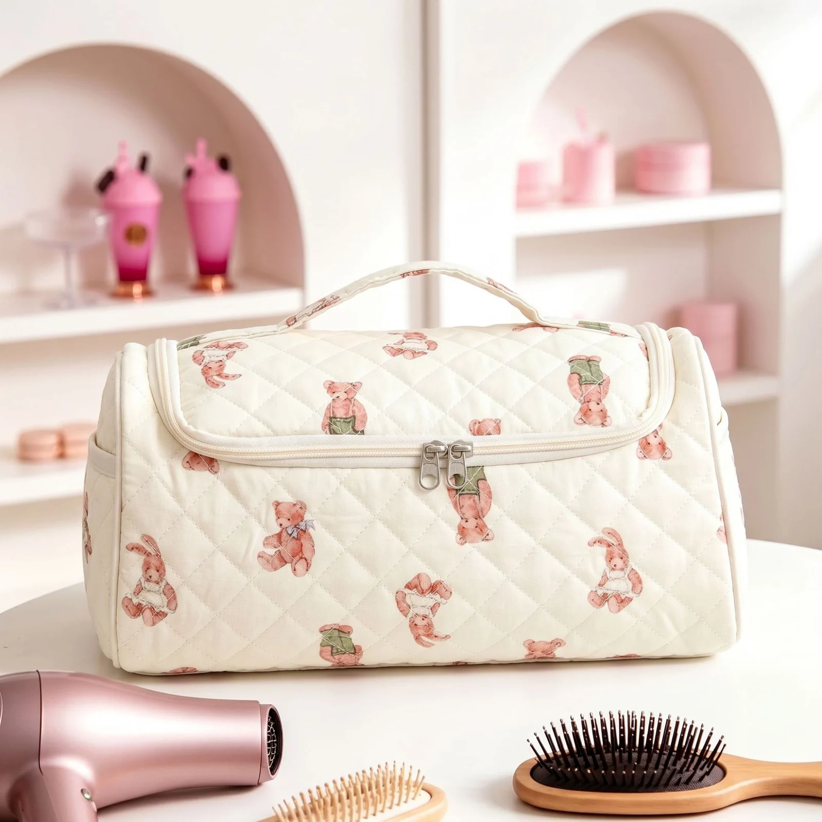 Large Capacity Hanging Travel Makeup Bag, Quilted Cotton Cosmetic Organizer With… — image 5