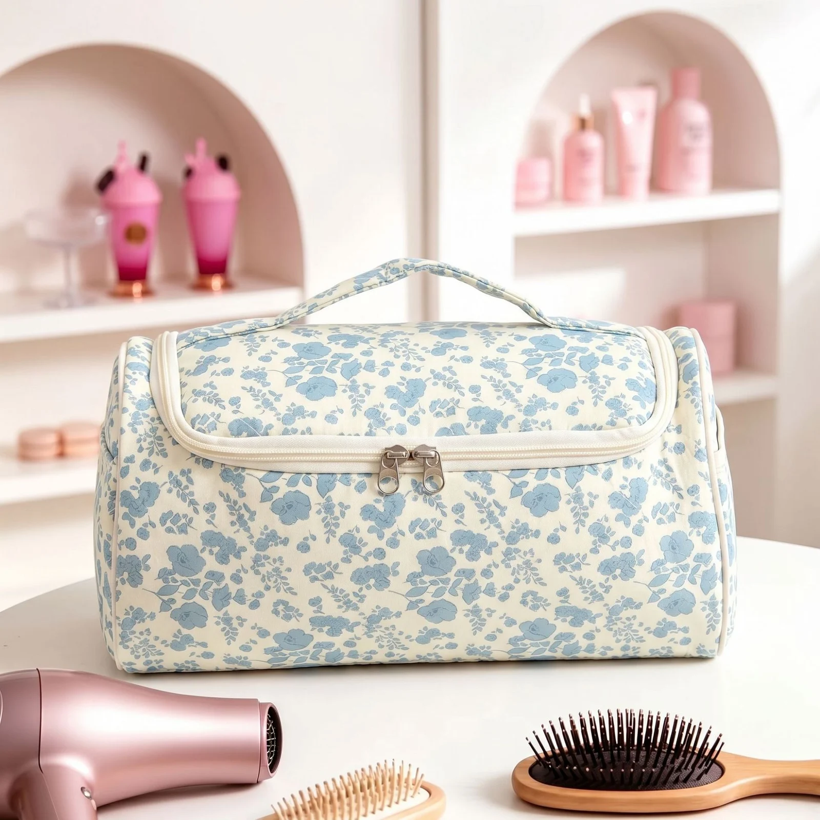 Large Capacity Hanging Travel Makeup Bag, Quilted Cotton Cosmetic Organizer With… — image 6