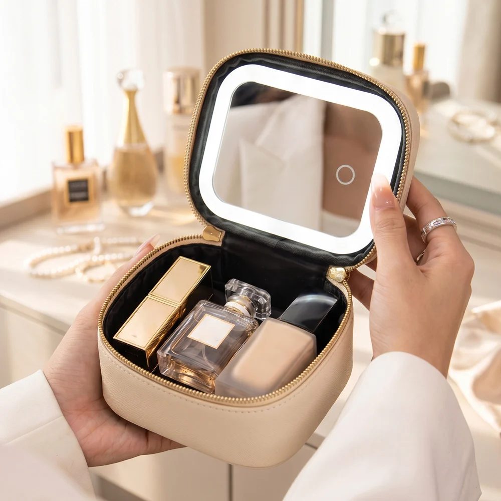LED Mirror Makeup Bag, USB Rechargeable Travel Cosmetic Organizer, PU Portable… — image 9